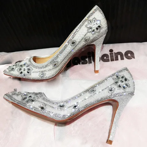 Chic / Beautiful Silver Wedding Shoes 2019 Crystal Rhinestone 9 cm Stiletto Heels Pointed Toe Wedding Pumps
