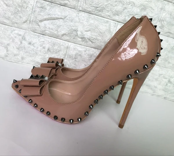 Chic / Beautiful Nude Casual Pumps 2019 Leather Bow Rivet 12 cm Stiletto Heels Pointed Toe Pumps
