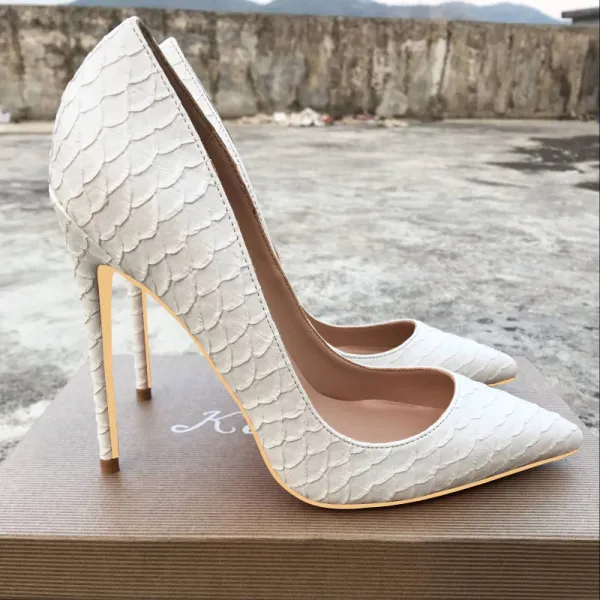 Chic / Beautiful White Casual Pumps 2019 Snakeskin Print 12 cm Stiletto Heels Pointed Toe Pumps