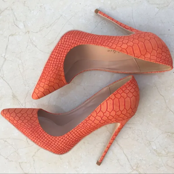 Chic / Beautiful Orange Casual Leather Pumps 2019 Snakeskin Print 12 cm Stiletto Heels Pointed Toe Pumps