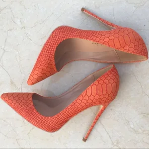 Snygga Fina Apelsin Casual Läder Pumps 2019 Snakeskin Trycket 12 Cm Stilettklackar Spetsiga Pumps