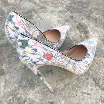 Chic Beautiful Casual Color Block Cartoon Pumps 2019 Leather Printing 12 Cm Stiletto Heels Pointed Toe Pumps