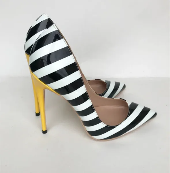 Chic / Beautiful Black White Striped Casual Pumps 2019 12 cm Stiletto Heels Pointed Toe Pumps