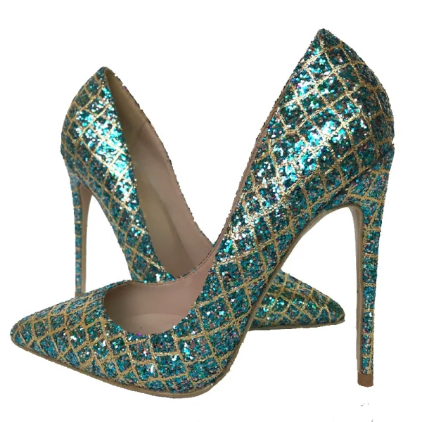 Glitzernden Jägergrün Abend Pumps 2019 Leder Pailletten 12 cm Stilettos Spitzschuh Pumps