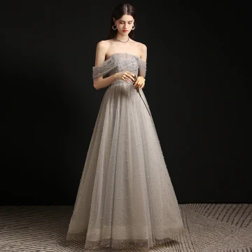 Charming Grey Pearl Prom Dresses 2021 A Line Princess Off The Shoulder Sleeveless Backless Floor Length Long Formal Dresses