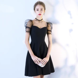 Simple Noire De Retour Robe De Graduation 2018 Princesse Encolure Carrée Dos Nu Manches Courtes Courte Robe De Ceremonie