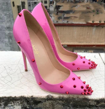 Chic Beautiful Candy Pink Rave Club Pumps 2019 Patent Leather Rivet 12 Cm Stiletto Heels Pointed Toe Pumps