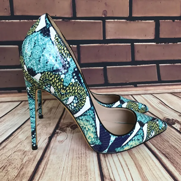 Chic / Beautiful Jade Green Casual Pumps 2019 Snakeskin Print 12 cm Stiletto Heels Pointed Toe Pumps
