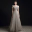 Chic / Beautiful Grey Pearl Prom Dresses 2021 A-Line / Princess Scoop Neck Short Sleeve Backless Floor-Length / Long Formal Dresses