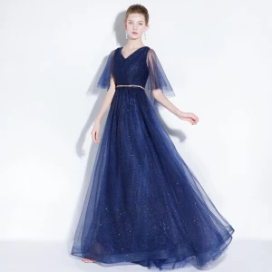 Chic Belle Bleu Marine Robe De Soirée 2018 Princesse Glitter Faux Diamant Ceinture V Cou Dos Nu Manches Courtes Longue Robe De Ceremonie
