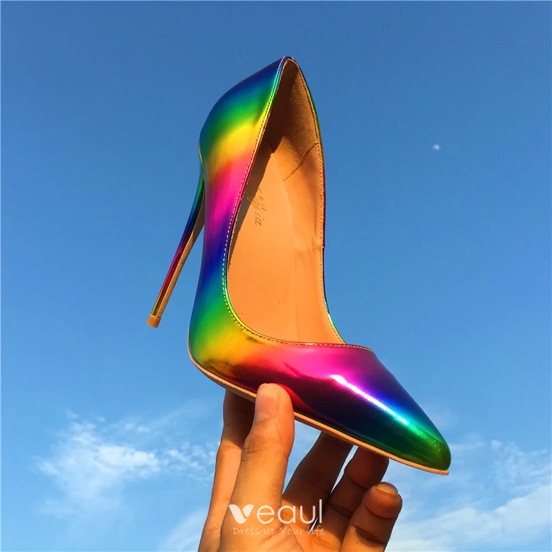 Chic Belle Arc en ciel Club de carnaval Escarpins 2019 Multi Couleurs Cuir 10 cm Talons Aiguilles A Bout Pointu Escarpins