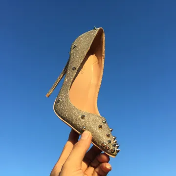 Chic Belle Argenté Soirée Escarpins 2019 Cuir Rivet Paillettes 10 Cm Talons Aiguilles À Bout Pointu Escarpins
