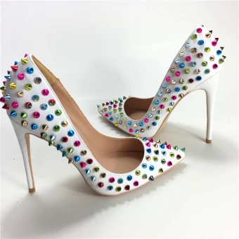 Chic Belle Blanche Désinvolte Escarpins 2019 Cuir Multi Couleurs Rivet 12 Cm Talons Aiguilles À Bout Pointu Escarpins