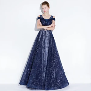 Scintillantes Bleu Marine Robe De Soirée 2018 Princesse Glitter Paillettes Métal Ceinture Épaules Dos Nu Sans Manches Longue Robe De Ceremonie