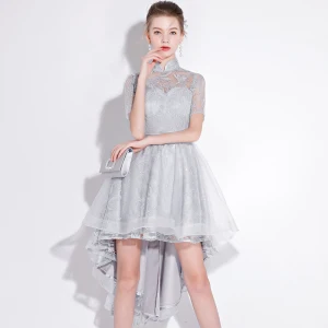 Chic Belle Argenté Robe De Cocktail 2018 Princesse En Dentelle Fleur Ceinture Paillettes Col Haut Manches Courtes Asymétrique Robe De Ceremonie