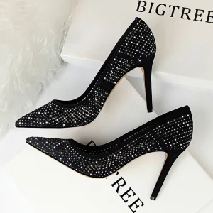 Chic Beautiful Black Casual Pierced Pumps 2019 Suede Rhinestone 9 Cm Stiletto Heels Pointed Toe Pumps