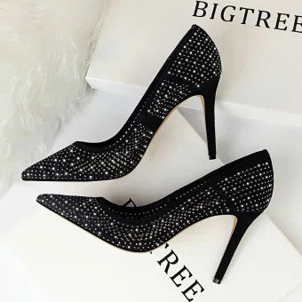 Fine Svart Casual Boret Pumps 2019 Suede Rhinestone 9 Cm Stiletthæler Spisse Pumps