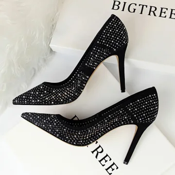 Schöne Schwarz Freizeit Durchbohrt Pumps 2019 Wildleder Strass 9 Cm Stilettos Spitzschuh Pumps