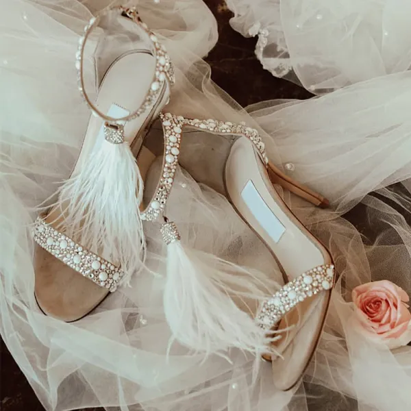 Encantador Beige Zapatos de novia 2019 Rhinestone Pluma 9 cm Stilettos / Tacones De Aguja Peep Toe Boda High Heels