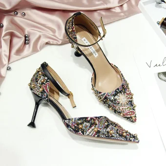 Chic Beautiful Black Evening Party Womens Shoes 2019 Ankle Strap Pearl Rhinestone 5 Cm Stiletto Heels Pointed Toe High Heels