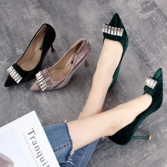 Fine Mørk Grønn Casual Suede Pumps 2019 Rhinestone 8 Cm Stiletthæler Spisse Pumps