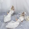 Elegant White Wedding Shoes 2019 X-Strap Lace Sequins Bow 5 cm Stiletto Heels Pointed Toe Wedding High Heels