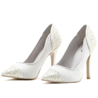 Fine Hvit Brudesko 2019 Lær Blonder Paljetter 8 Cm Stiletthæler Spisse Bryllup Pumps