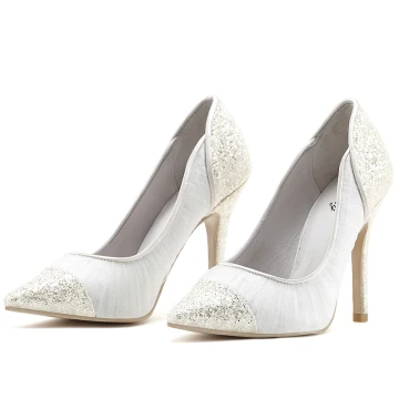 Chic Belle Blanche Chaussure De Mariée 2019 Cuir En Dentelle Paillettes 8 Cm Talons Aiguilles À Bout Pointu Mariage Escarpins