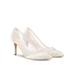 Élégant Blanche Chaussure De Mariée 2019 Cuir Faux Diamant 8 Cm Talons Aiguilles À Bout Pointu Mariage Escarpins