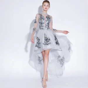 Sexy Grey Evening Dresses 2018 A Line Princess Lace Appliques Scoop Neck 3 4 Sleeve Short High Low Formal Dresses