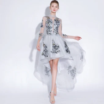 Sexy Grey Evening Dresses 2018 A Line Princess Lace Appliques Scoop Neck 3 4 Sleeve Short High Low Formal Dresses