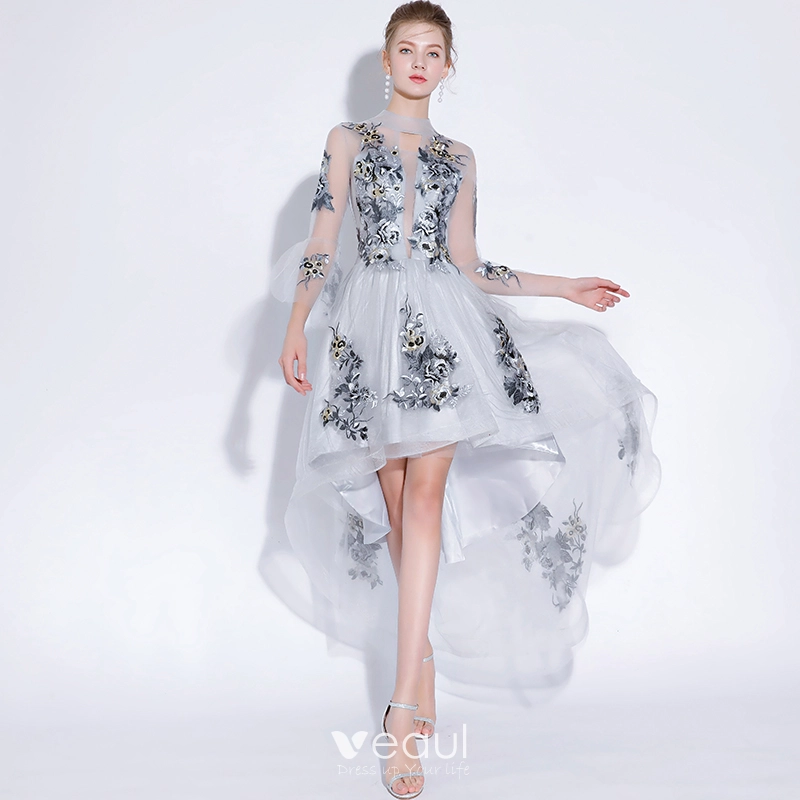 Sexy Grey Evening Dresses 2018 A Line Princess Lace Appliques Scoop Neck 3 4 Sleeve Short High Low Formal Dresses
