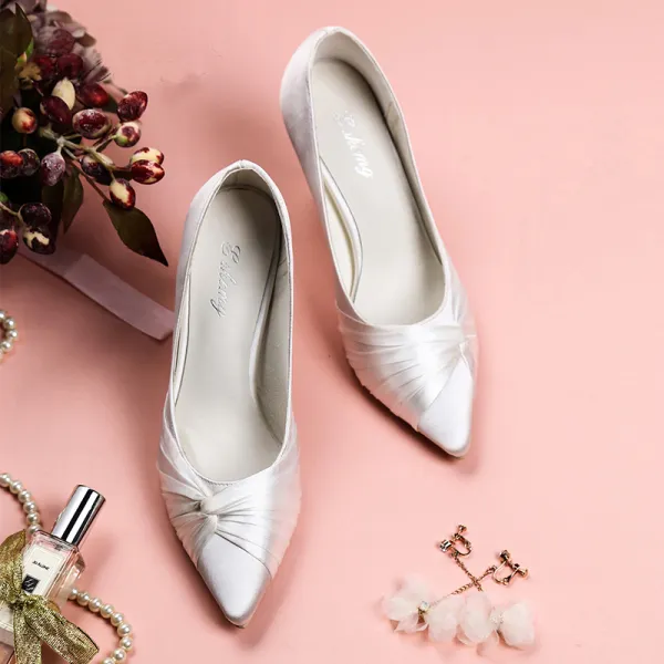 Luxury / Gorgeous White Wedding Shoes 2019 Leather Satin 8 cm Stiletto Heels Pointed Toe Wedding Pumps