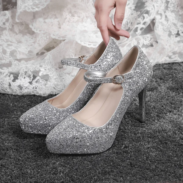 Sparkly Silver Wedding Shoes 2019 Sequins Buckle 12 cm Stiletto Heels Pointed Toe Pumps Sparkly Silver Wedding Shoes 2019 Sequins Buckle 12 cm Stiletto Heels Pointed Toe Pumps