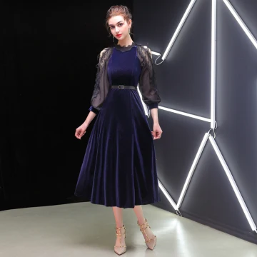 Élégant Vert Foncé Robe De Soirée 2019 Princesse Daim Ceinture Encolure Dégagée 3 4 Manches Thé Longueur Robe De Ceremonie