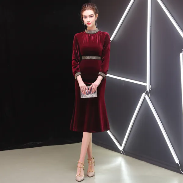 Elegant Burgundy Evening Dresses  2019 Scoop Neck Suede 3/4 Sleeve Tea-length Formal Dresses