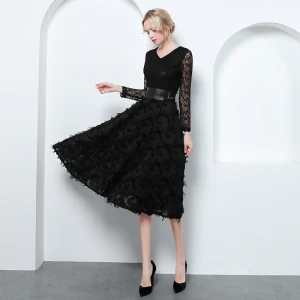 Elegant Svart Selskapskjoler 2019 Prinsesse V Hals Blonder Dusk Sløyfe Langermede Knelengde Formelle Kjoler