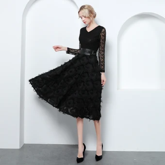 Elegant Black Evening Dresses 2019 A Line Princess V Neck Lace Tassel Bow Long Sleeve Knee Length Formal Dresses