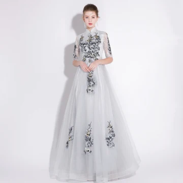 Chic Beautiful Grey Evening Dresses 2018 A Line Princess Lace Appliques High Neck 1 2 Sleeves Floor Length Long Formal Dresses
