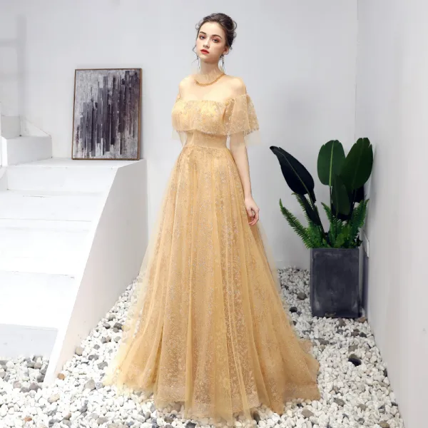 gold color prom dresses Gold Sweetheart Beaded Sparkles Court Train Flowers Prom Dresses main image 1