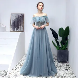 Élégant Bleu Robe De Bal 2019 Princesse De L 039 Épaule Perlage Perle En Dentelle Fleur Manches Courtes Dos Nu Longue Robe De Ceremonie