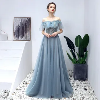 Elegante Blauw Galajurken 2019 A Lijn Uit De Schouder Kralen Parel Kant Bloem Korte Mouwen Ruglooze Lange Gelegenheid Jurken