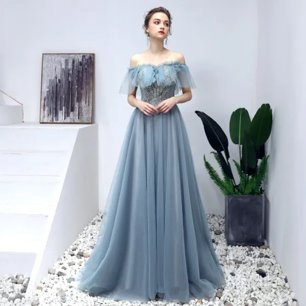 Elegant Pool Blue Prom Dresses 2019 A-Line / Princess Off-The-Shoulder Beading Pearl Lace Flower Short Sleeve Backless Floor-Length / Long Formal Dresses