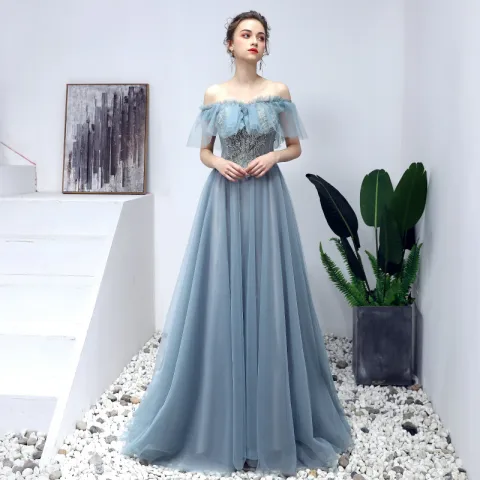 Eleganckie Niebieskie Sukienki Na Bal 2019 Princessa Przy Ramieniu Frezowanie Perła Z Koronki Kwiat Kótkie Rękawy Bez Pleców Długie Sukienki Wizytowe