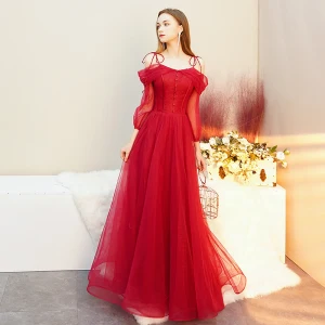 Chic Beautiful Red Evening Dresses 2019 A Line Princess Spaghetti Straps Bow Backless 3 4 Sleeve Floor Length Long Formal Dresses