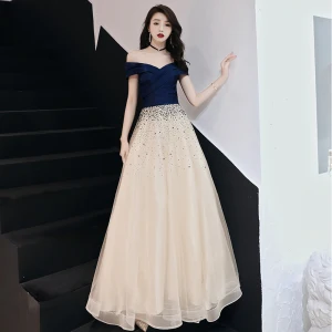 Chic Belle Bleu Marine Robe De Soirée 2019 Princesse De L 039 Épaule Étoile Paillettes Manches Courtes Dos Nu Longue Robe De Ceremonie