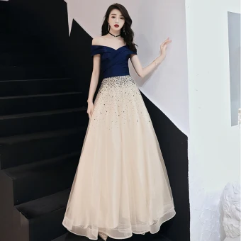Chic Belle Bleu Marine Robe De Soirée 2019 Princesse De L 039 Épaule Étoile Paillettes Manches Courtes Dos Nu Longue Robe De Ceremonie