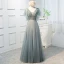 Chic / Beautiful Sage Green Prom Dresses 2019 A-Line / Princess V-Neck Beading Sequins Lace Flower Short Sleeve Backless Bow Floor-Length / Long Formal Dresses