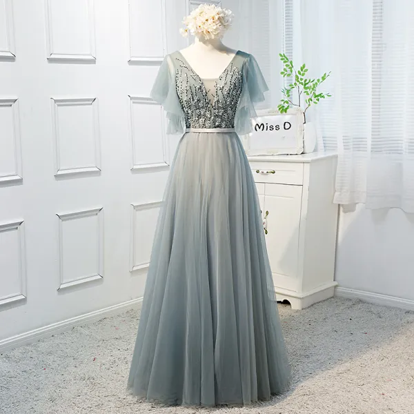 Chic / Beautiful Sage Green Prom Dresses 2019 A-Line / Princess V-Neck Beading Sequins Lace Flower Short Sleeve Backless Bow Floor-Length / Long Formal Dresses