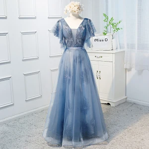 Chic Beautiful Pool Blue Prom Dresses 2019 A Line Princess V Neck Lace Short Sleeve Backless Bow Floor Length Long Formal Dresses